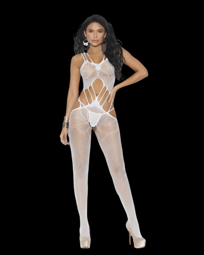 Crochet suspender bodystocking with open crotch